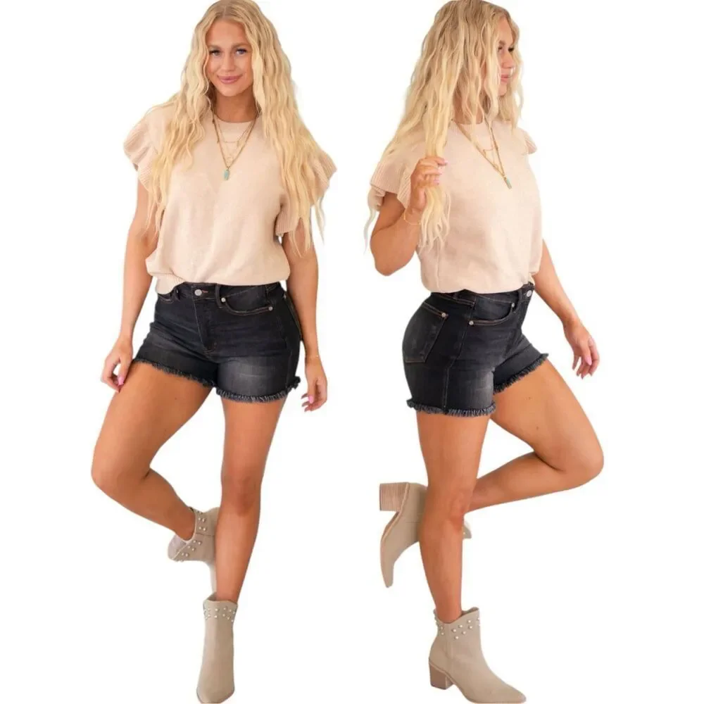 Judy Blue Black Tummy Control Shorts High Rise Fray Hem Plus Size NWT